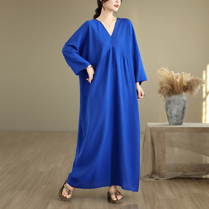 Buddha Stones Fall Pure Color V-Neck Long Sleeve Cotton Midi Dress - Blue - US4-12，UK/AU8-18，EU36-46(F) - image 11