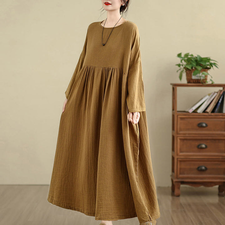 Buddha Stones Commute Pure Color Long Sleeve Cotton Linen Midi Dress With Pockets - image 4
