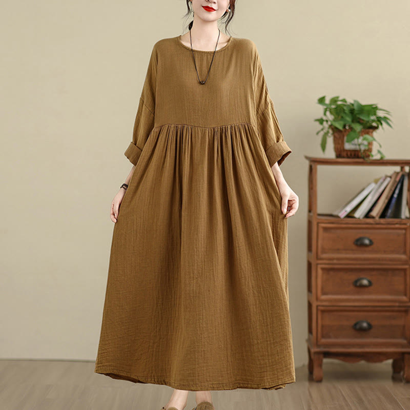 Buddha Stones Commute Pure Color Long Sleeve Cotton Linen Midi Dress With Pockets - image 2