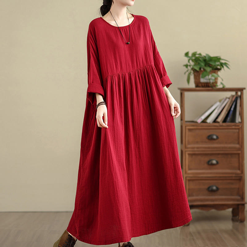 Buddha Stones Commute Pure Color Long Sleeve Cotton Linen Midi Dress With Pockets - Red - US4-12，UK/AU8-18，EU36-46(F) - image 16