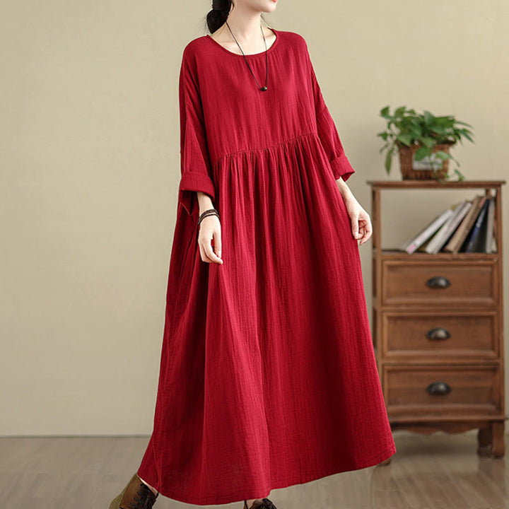 Buddha Stones Commute Pure Color Long Sleeve Cotton Linen Midi Dress With Pockets - Red - US4-12，UK/AU8-18，EU36-46(F) - image 16