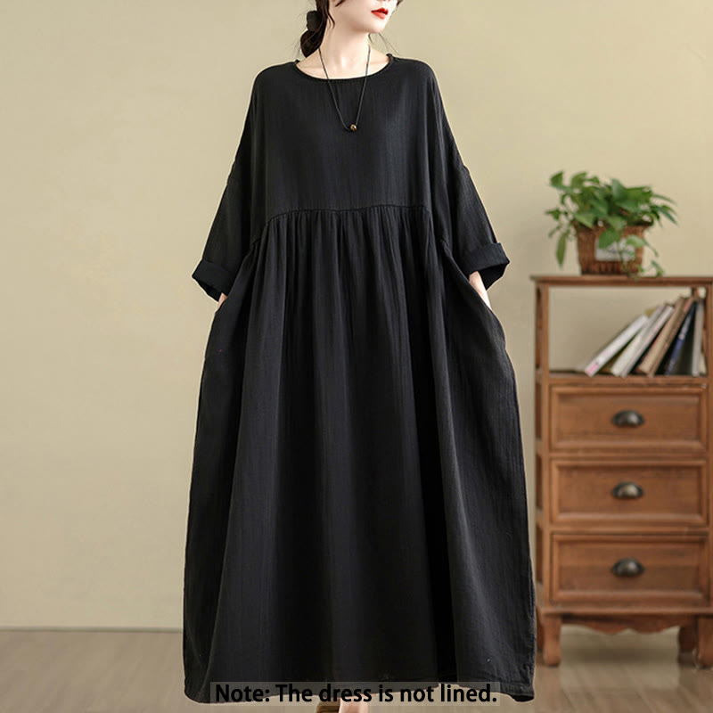 Buddha Stones Commute Pure Color Long Sleeve Cotton Linen Midi Dress With Pockets - image 15