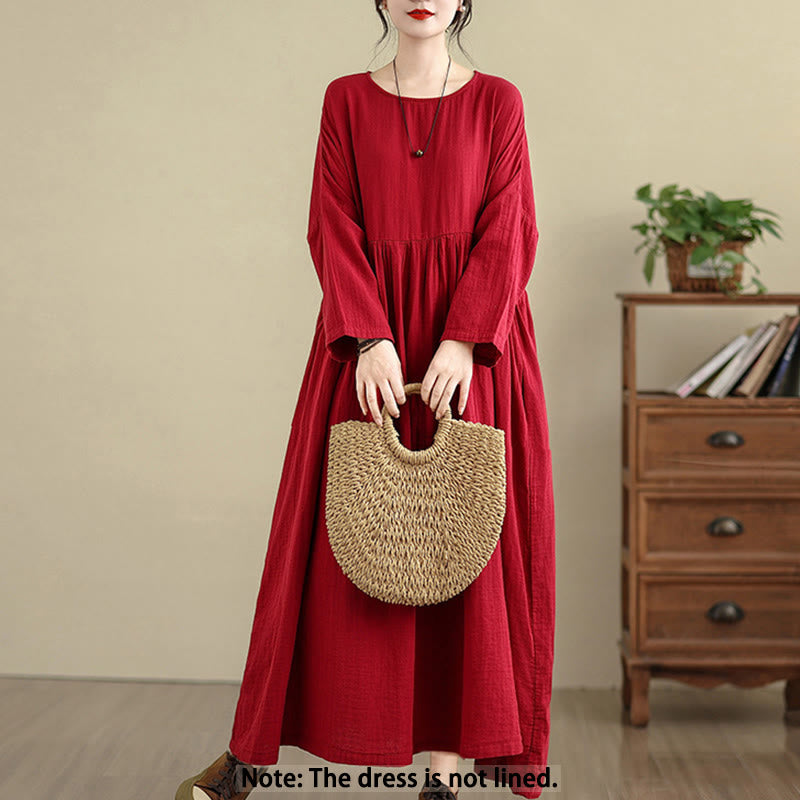 Buddha Stones Commute Pure Color Long Sleeve Cotton Linen Midi Dress With Pockets - image 17