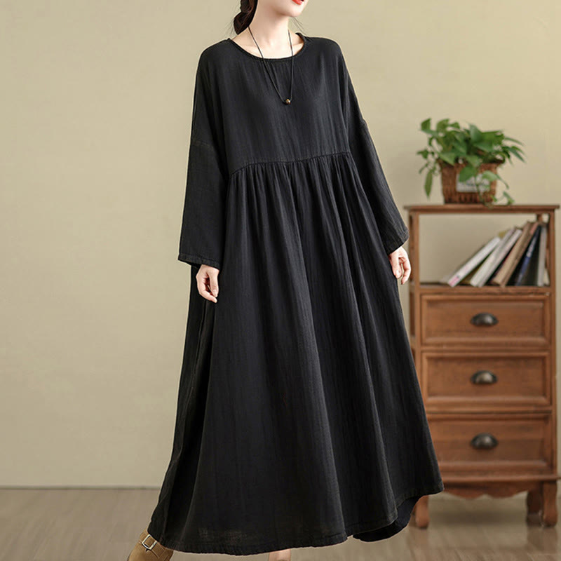 Buddha Stones Commute Pure Color Long Sleeve Cotton Linen Midi Dress With Pockets - Black - US4-12，UK/AU8-18，EU36-46(F) - image 14