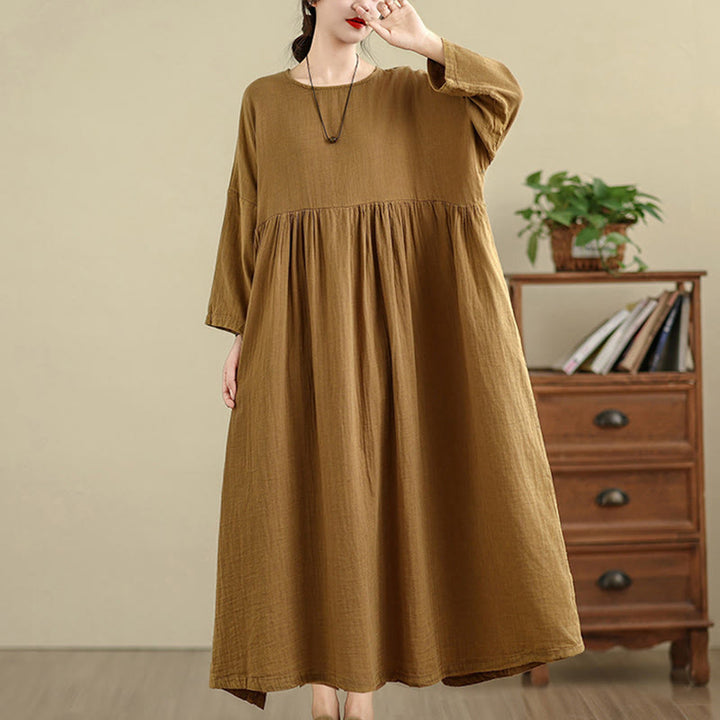 Buddha Stones Commute Pure Color Long Sleeve Cotton Linen Midi Dress With Pockets - image 5
