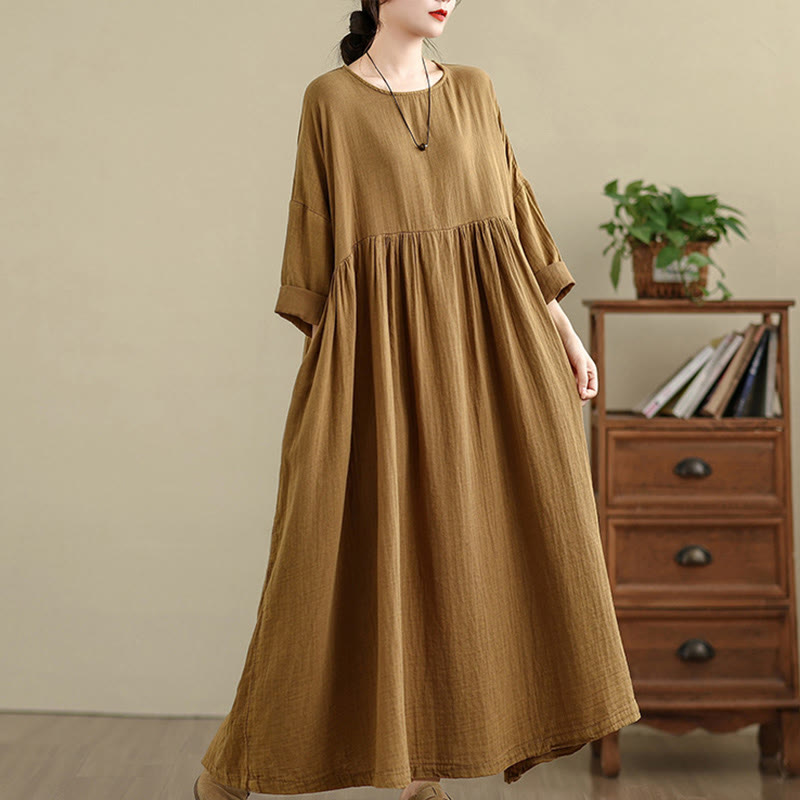 Buddha Stones Commute Pure Color Long Sleeve Cotton Linen Midi Dress With Pockets - image 3