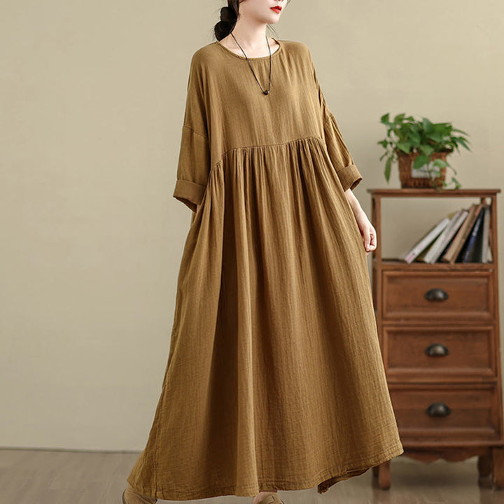 Buddha Stones Commute Pure Color Long Sleeve Cotton Linen Midi Dress With Pockets - image 3