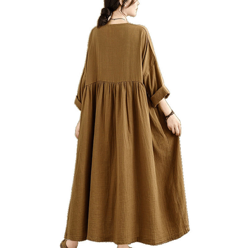 Buddha Stones Commute Pure Color Long Sleeve Cotton Linen Midi Dress With Pockets - image 7
