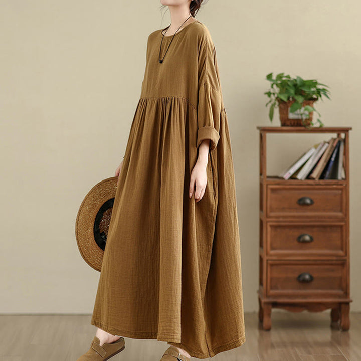 Buddha Stones Commute Pure Color Long Sleeve Cotton Linen Midi Dress With Pockets - image 6