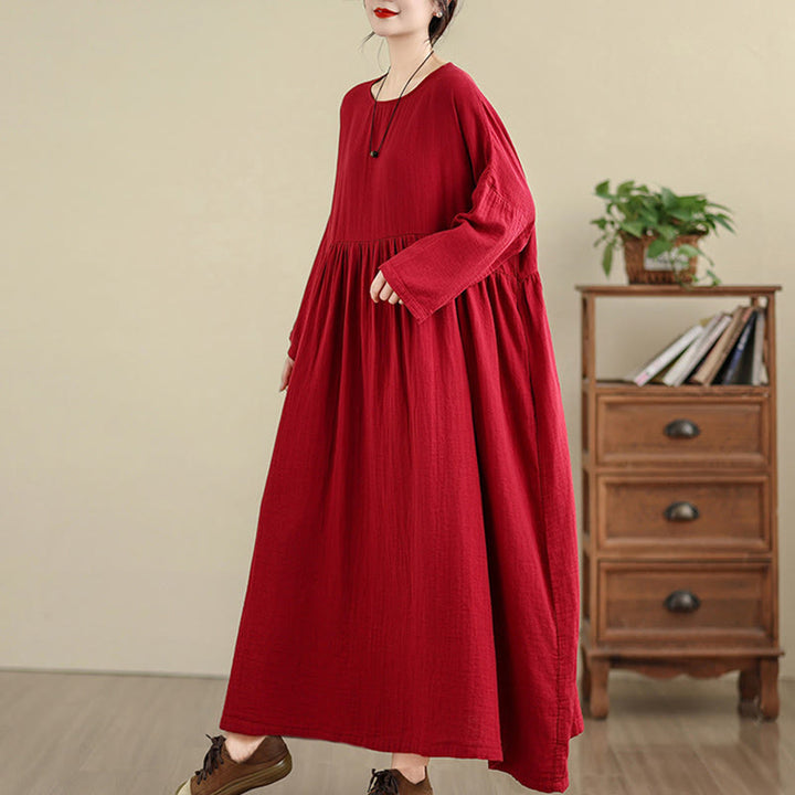 Buddha Stones Commute Pure Color Long Sleeve Cotton Linen Midi Dress With Pockets - image 18