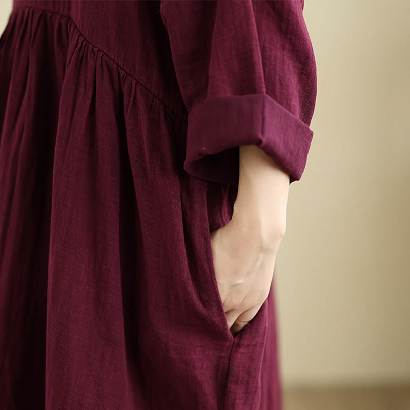 Buddha Stones Commute Pure Color Long Sleeve Cotton Linen Midi Dress With Pockets - image 11