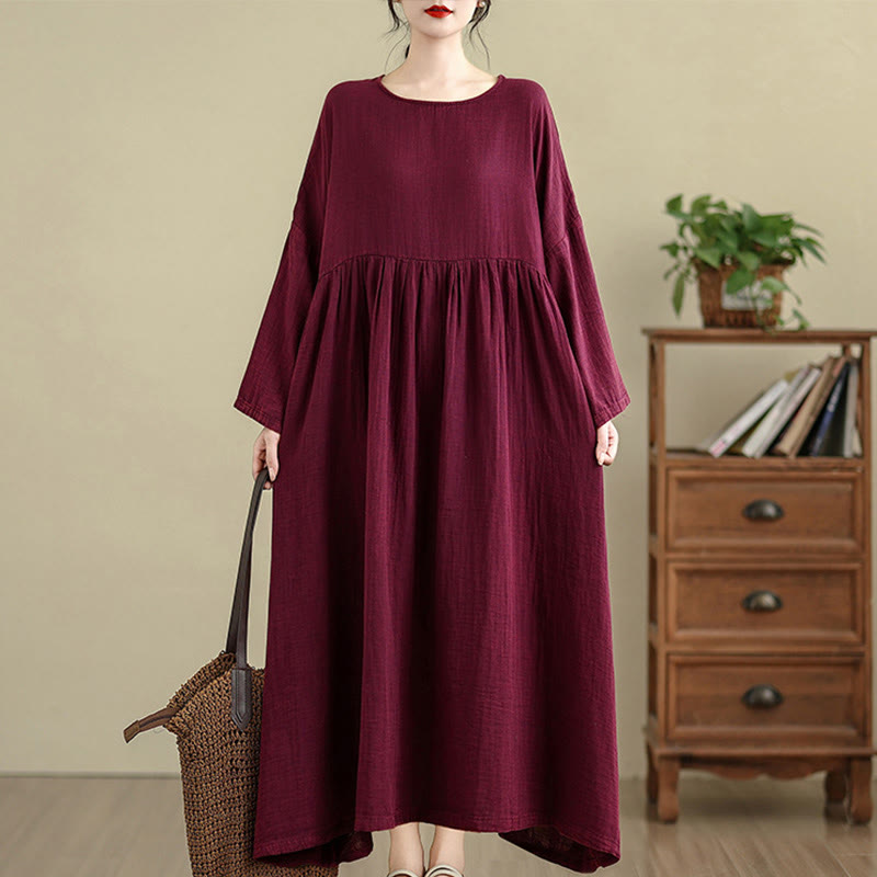 Buddha Stones Commute Pure Color Long Sleeve Cotton Linen Midi Dress With Pockets - DarkMagenta - US4-12，UK/AU8-18，EU36-46(F) - image 8
