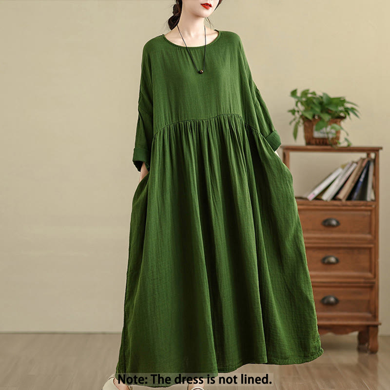 Buddha Stones Commute Pure Color Long Sleeve Cotton Linen Midi Dress With Pockets - image 13