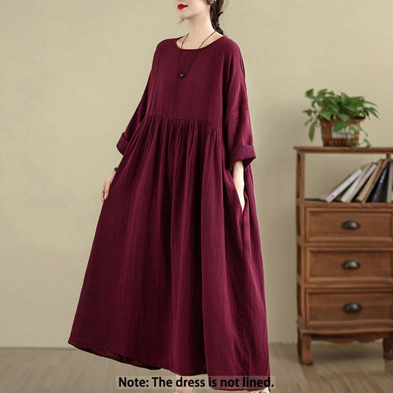 Buddha Stones Commute Pure Color Long Sleeve Cotton Linen Midi Dress With Pockets - image 9