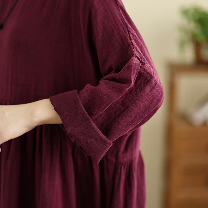 Buddha Stones Commute Pure Color Long Sleeve Cotton Linen Midi Dress With Pockets - image 10