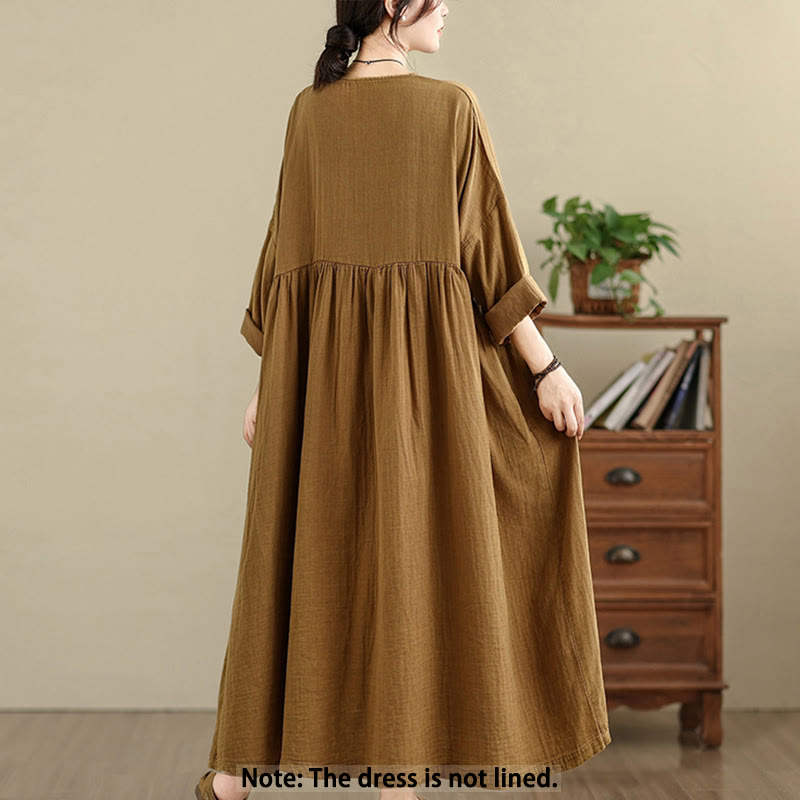 Buddha Stones Commute Pure Color Long Sleeve Cotton Linen Midi Dress With Pockets - image 1