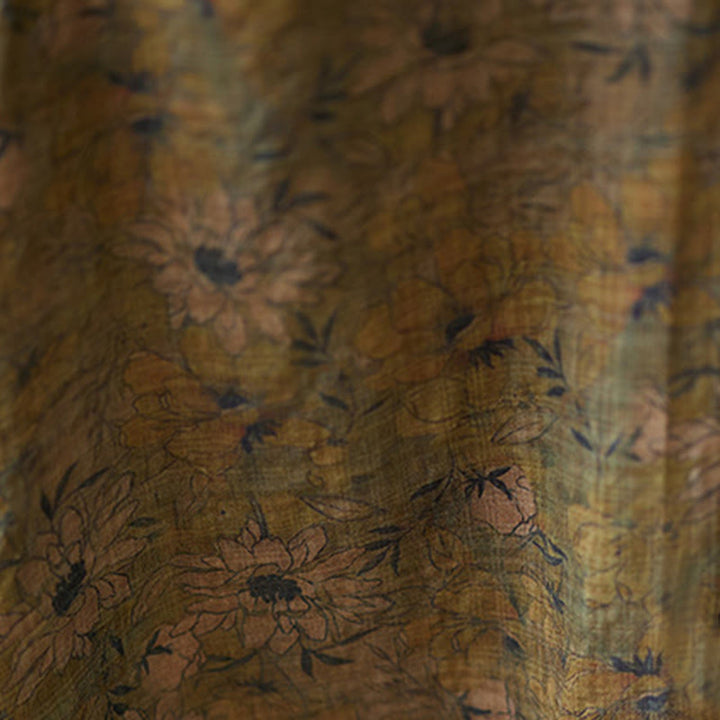 Buddha Stones Olive Printing Flower Long Sleeve Cotton Linen Maxi Dress With Pockets - image 9