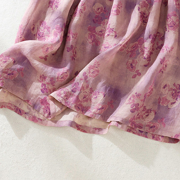 Buddha Stones Printing Buttons Drawstring High Waist Short Sleeve Cotton Midi Dress With Pockets - image 27