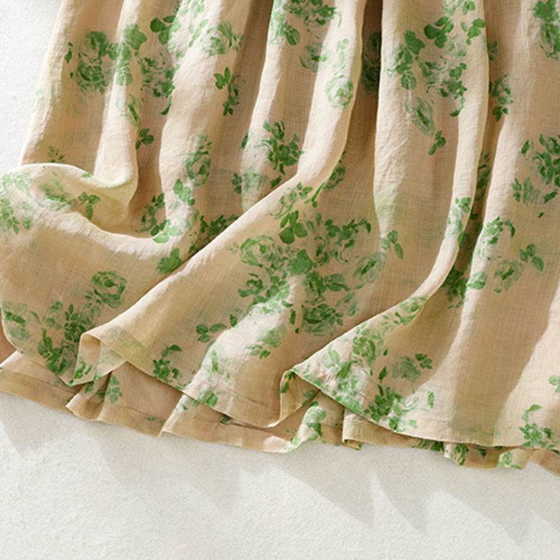 Buddha Stones Printing Buttons Drawstring High Waist Short Sleeve Cotton Midi Dress With Pockets - image 18