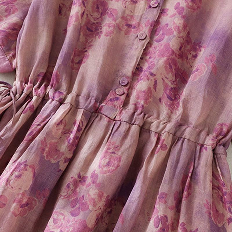 Buddha Stones Printing Buttons Drawstring High Waist Short Sleeve Cotton Midi Dress With Pockets - image 24