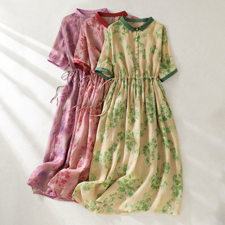 Buddha Stones Printing Buttons Drawstring High Waist Short Sleeve Cotton Midi Dress With Pockets - image 28