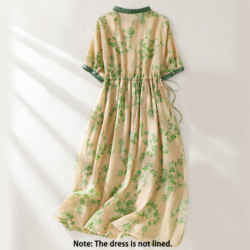 Buddha Stones Printing Buttons Drawstring High Waist Short Sleeve Cotton Midi Dress With Pockets - image 8