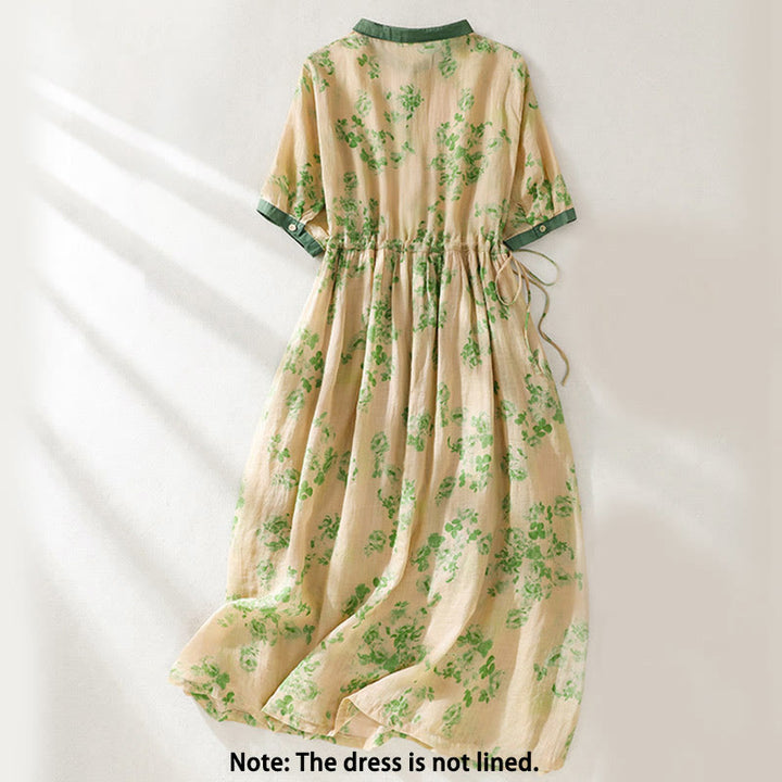Buddha Stones Printing Buttons Drawstring High Waist Short Sleeve Cotton Midi Dress With Pockets - image 8