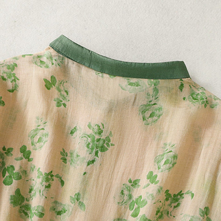 Buddha Stones Printing Buttons Drawstring High Waist Short Sleeve Midi Dress With Pockets - image 10