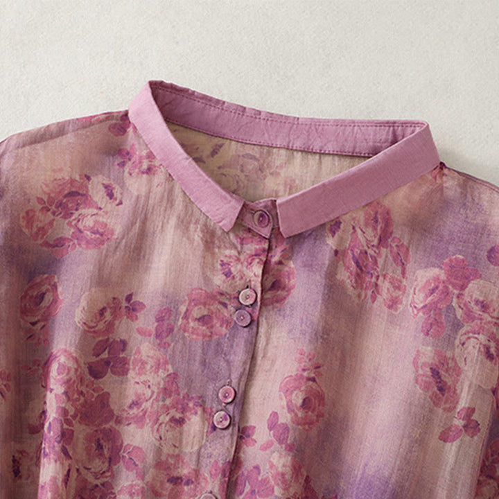 Buddha Stones Printing Buttons Drawstring High Waist Short Sleeve Cotton Midi Dress With Pockets - image 22