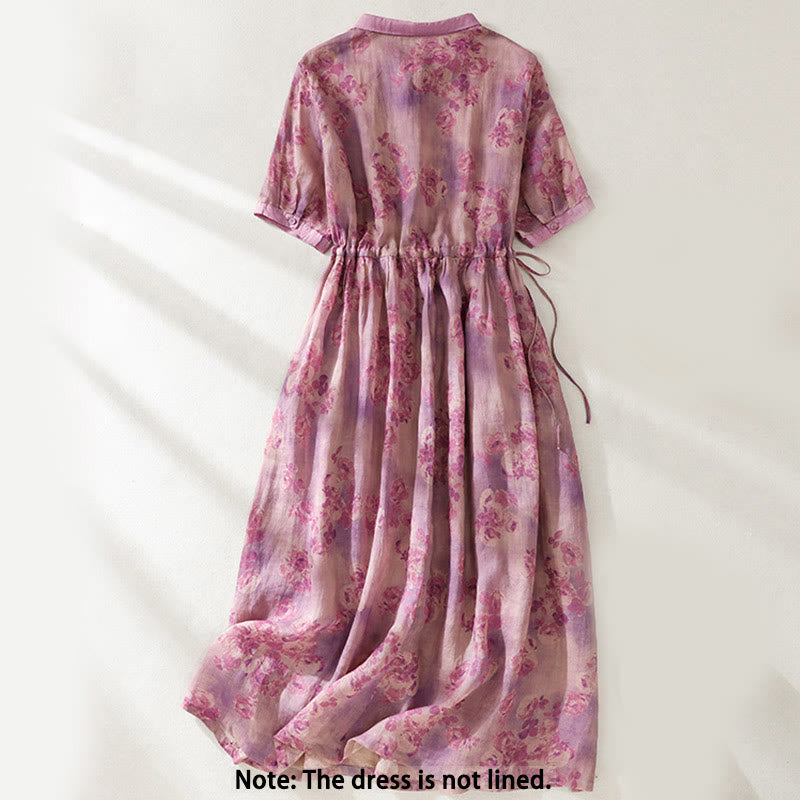 Buddha Stones Printing Buttons Drawstring High Waist Short Sleeve Cotton Midi Dress With Pockets - image 21