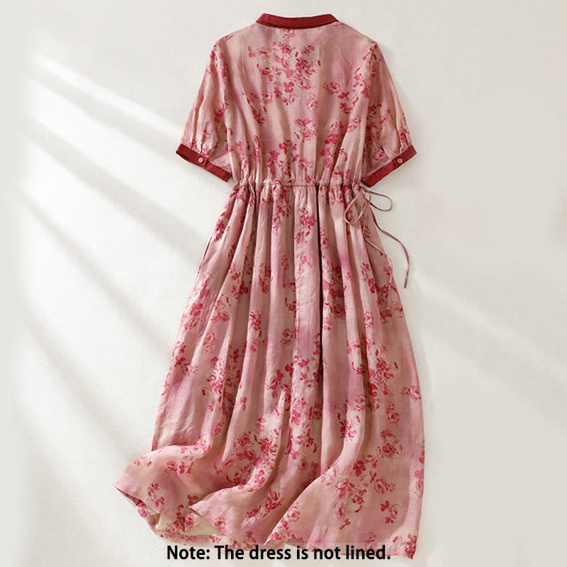 Buddha Stones Printing Buttons Drawstring High Waist Short Sleeve Cotton Midi Dress With Pockets - image 1