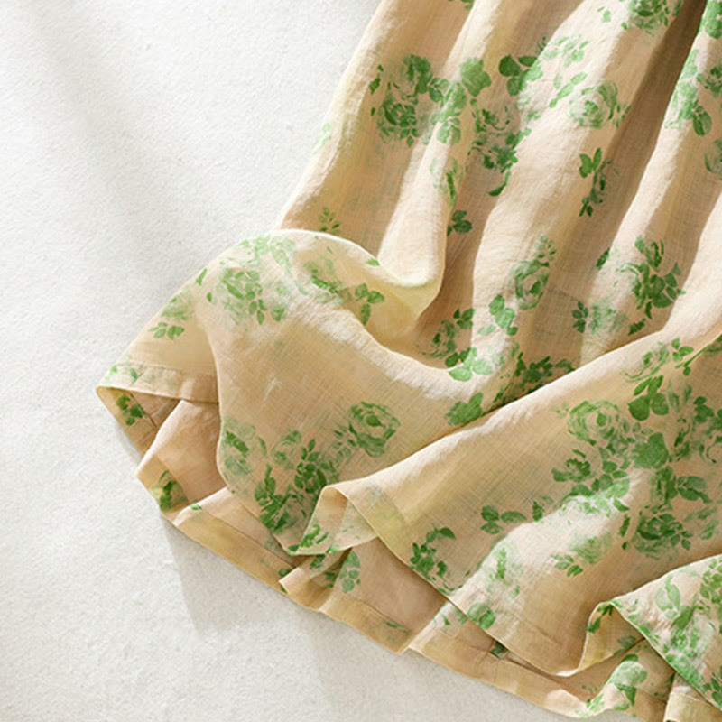 Buddha Stones Printing Buttons Drawstring High Waist Short Sleeve Cotton Midi Dress With Pockets - image 19