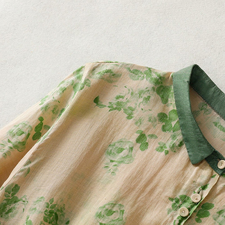 Buddha Stones Printing Buttons Drawstring High Waist Short Sleeve Cotton Midi Dress With Pockets - image 11