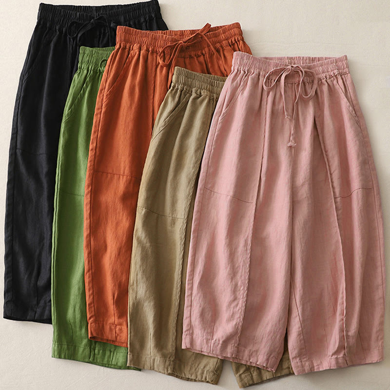 Buddha Stones Casual Plain Solid Color Patchwork Women's Polyester 7-8 Length Wide Leg Pants With Pockets - image 18
