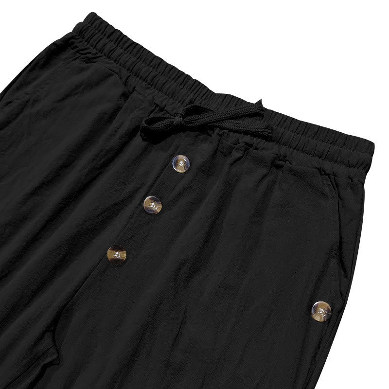 Buddha Stones Solid Color Buttons Drawstring Men's Cotton Pants With Pockets - image 12