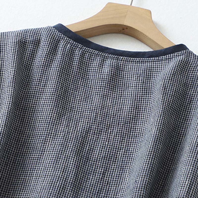 Buddha Stones Commute MidnightBlue Lace-Up Half Sleeve Design Cotton Linen Midi Dress With Pockets - image 4