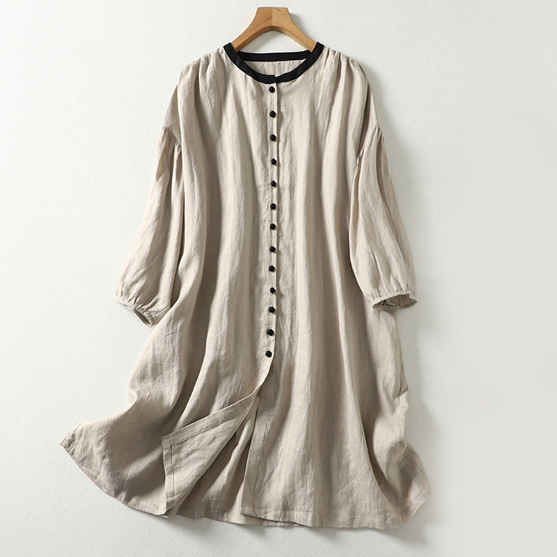 Buddha Stones Buttons Design Women's Long Sleeve Coat With Pockets - Linen - US14，UK/AU18，EU46 (2XL) - image 0