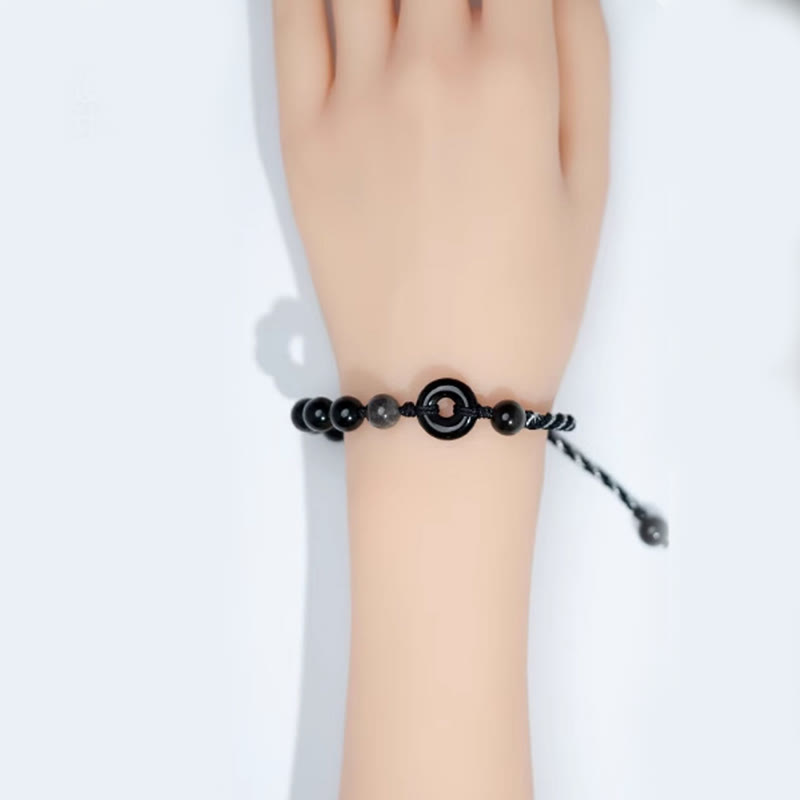 Buddha Stones Natural Black Obsidian Peace Buckle Purification Black Rope Bracelet - image 3