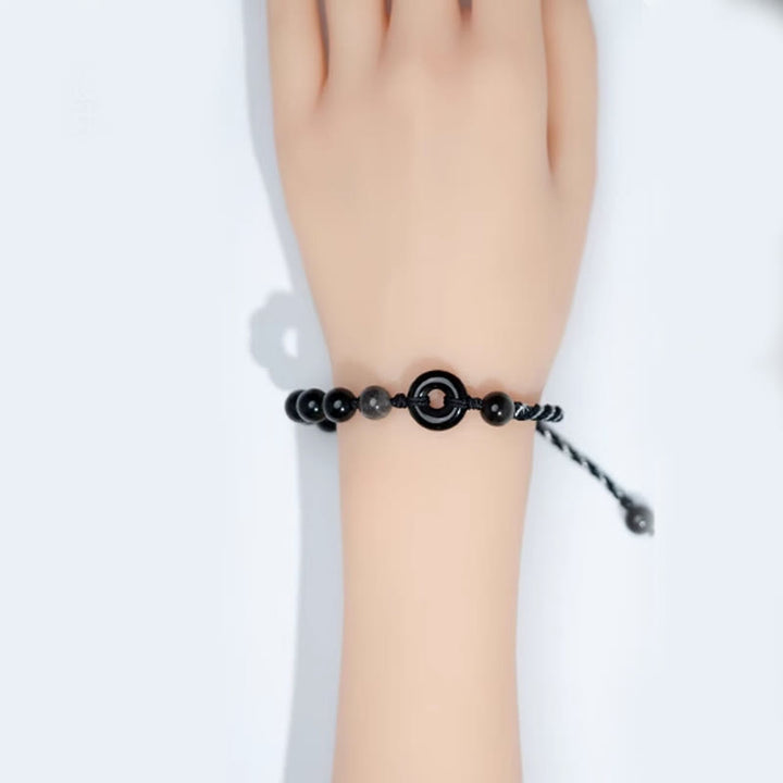 Buddha Stones Natural Black Obsidian Peace Buckle Purification Black Rope Bracelet - image 3