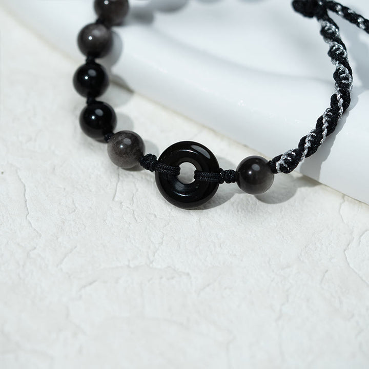 Buddha Stones Natural Black Obsidian Peace Buckle Purification Black Rope Bracelet - image 8