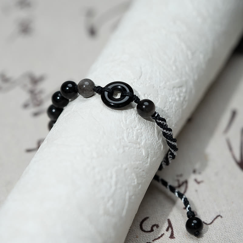 Buddha Stones Natural Black Obsidian Peace Buckle Purification Black Rope Bracelet - image 2