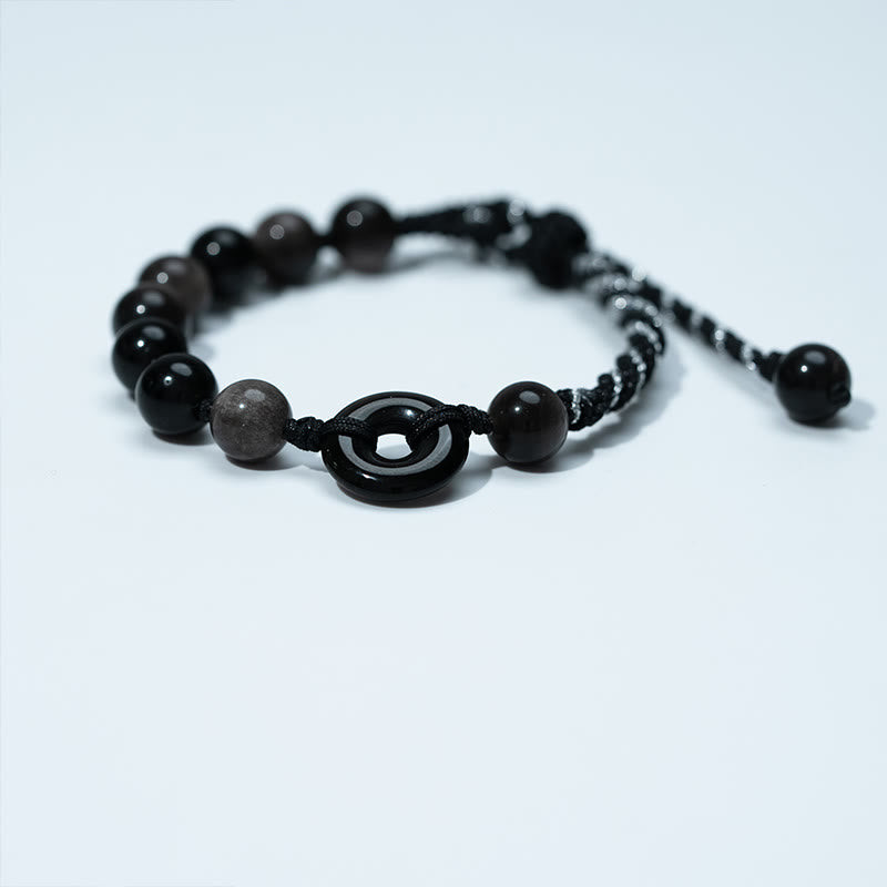 Buddha Stones Natural Black Obsidian Peace Buckle Purification Black Rope Bracelet - image 1