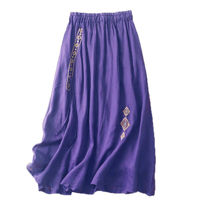 Buddha Stones Ethnic Vintage Embroidery Button Design Women's Cotton Linen 7-8 Length Skirt - image 4