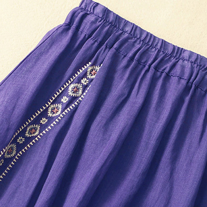 Buddha Stones Ethnic Vintage Embroidery Button Design Women's Cotton Linen 7-8 Length Skirt - image 1