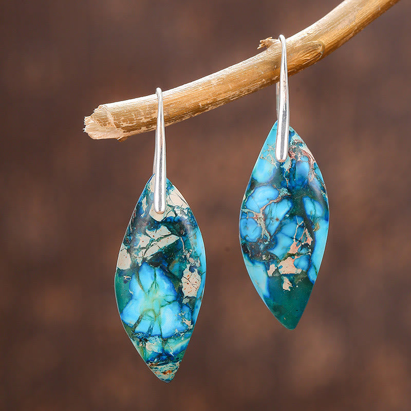 Buddha Stones Natural Emperor Stone Water Drop Leaf Shape Happiness Earrings - Blue Emperor Stone(Copper Posts) - image 4