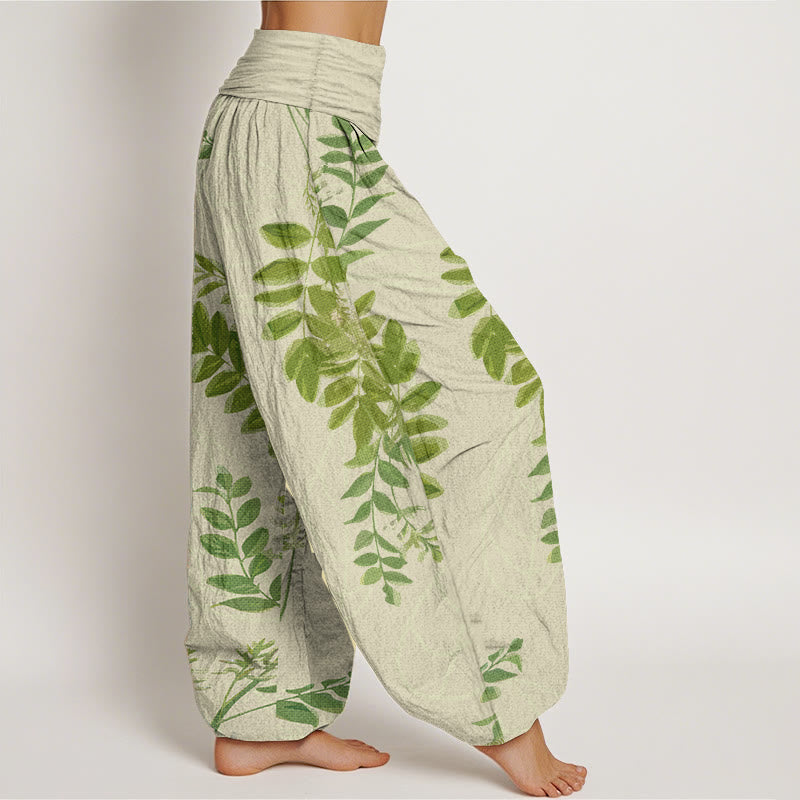 Buddha Stones Pure Cotton Green Leaves Branches Women's Elastic Waist Harem Pants - image 2