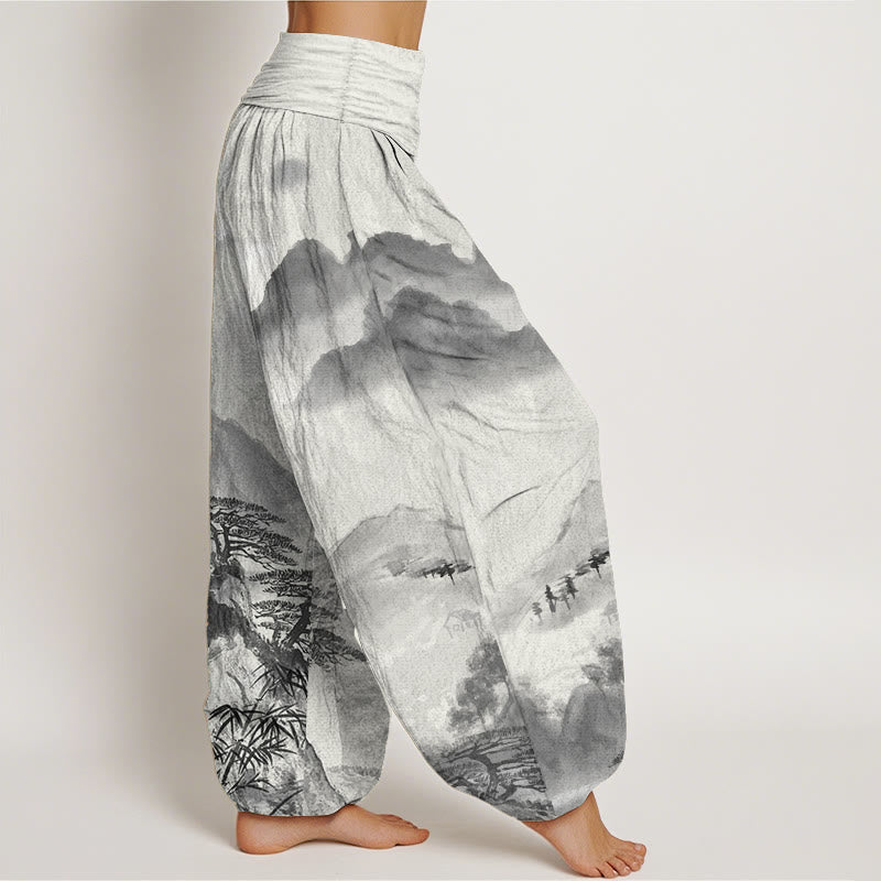 Buddha Stones Pure Cotton Mountains Trees Landscape Ink Painting Women's Elastic Waist Harem Pants - image 1