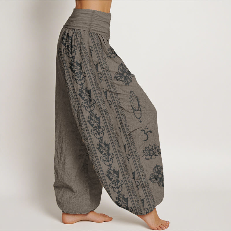 Buddha Stones Pure Cotton Lotus Flowers Double Dorje Vajra Namaste Om Design Women's Elastic Waist Harem Pants - image 9
