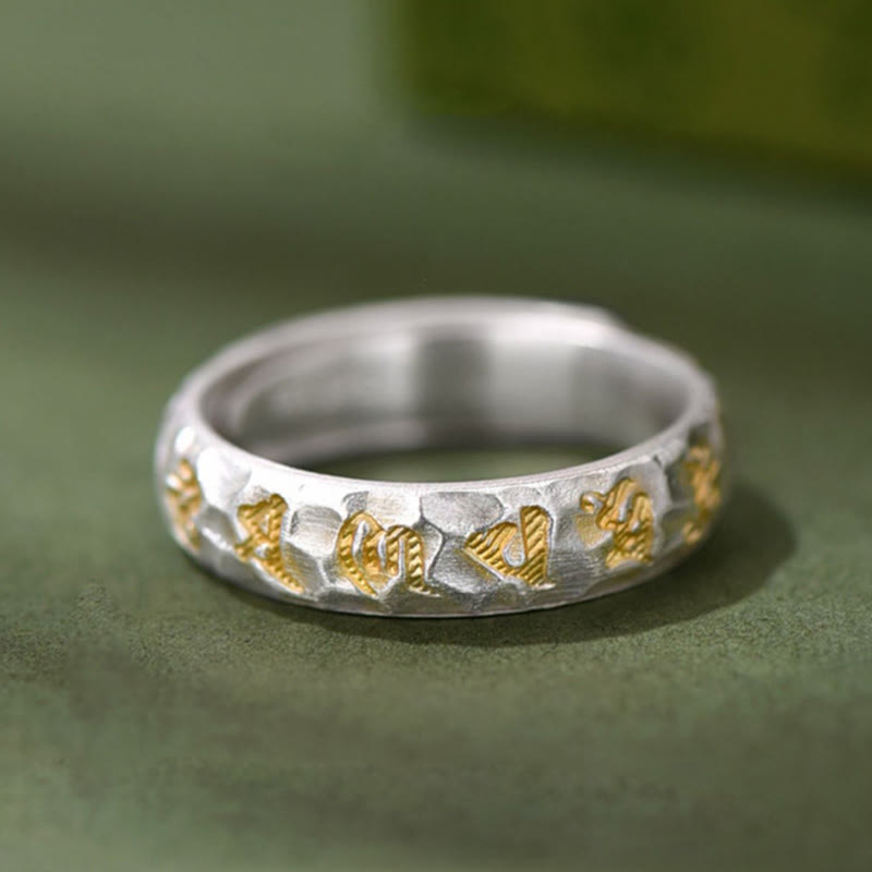 Buddha Stones Hammer Pattern Om Mani Padme Hum Copper Plated Silver Wealth Ring - image 4