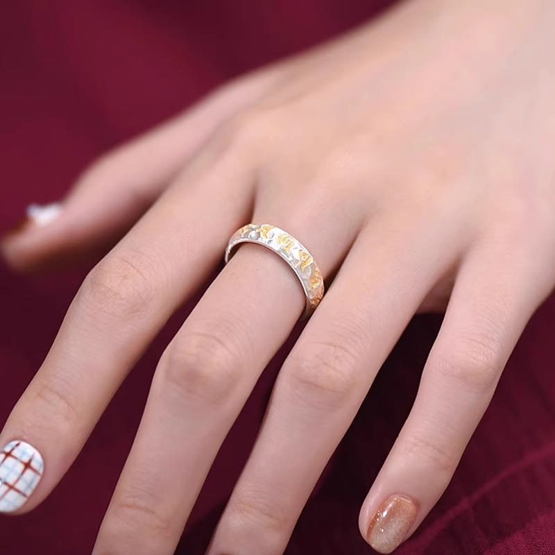 Buddha Stones Hammer Pattern Om Mani Padme Hum Copper Plated Silver Wealth Ring - image 19